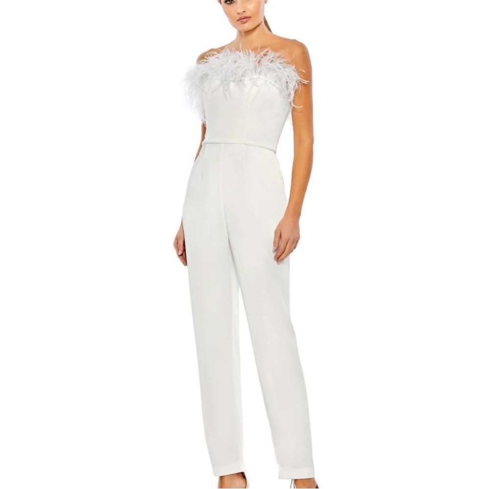NWT Mac Duggal 68146 STRAPLESS JUMPSUIT WITH FEATHER TRIM